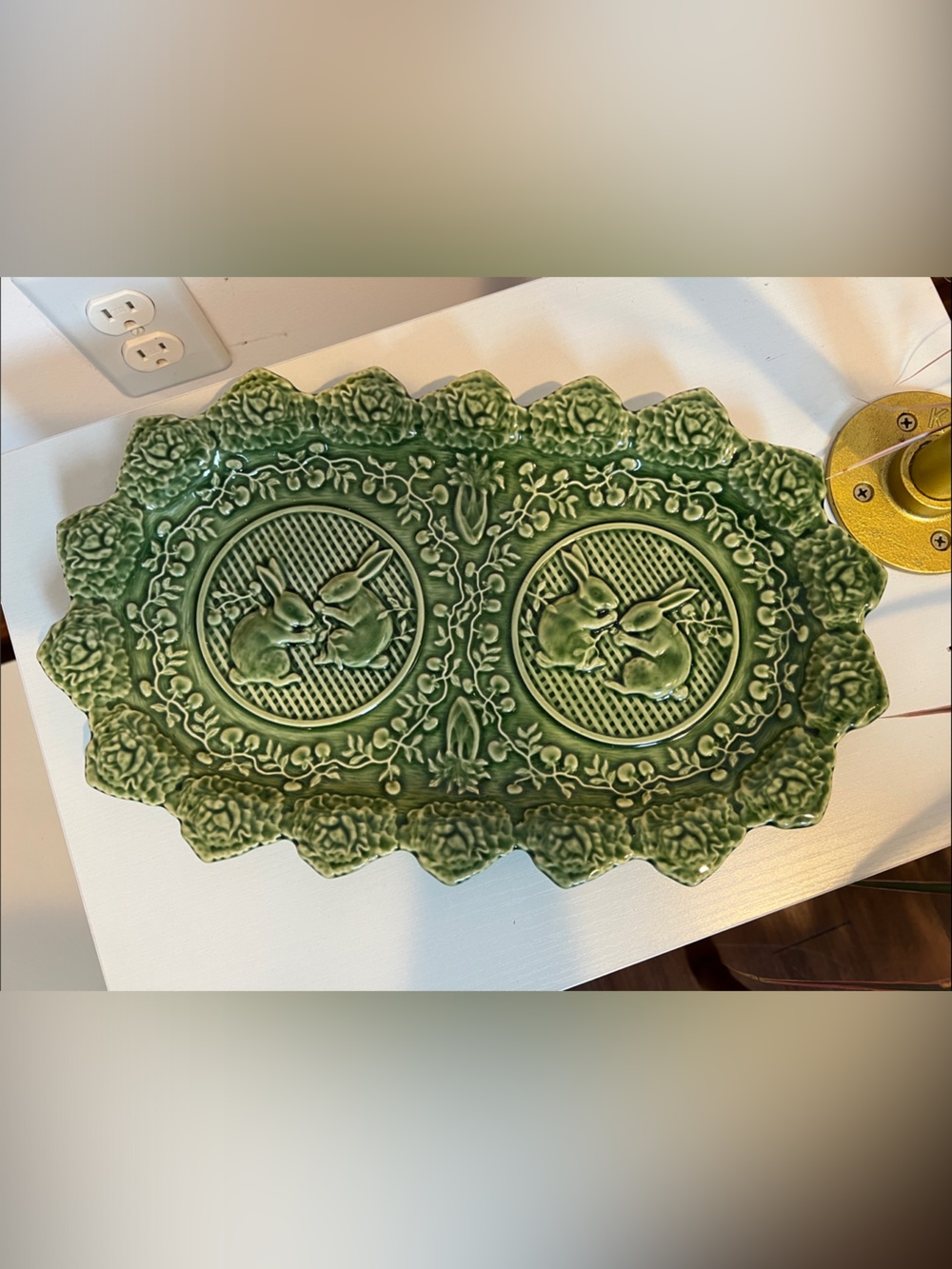 Vintage Bordallo Pinheiro Portugal Oval 13" Green Bunny Rabbit Cabbage Plate